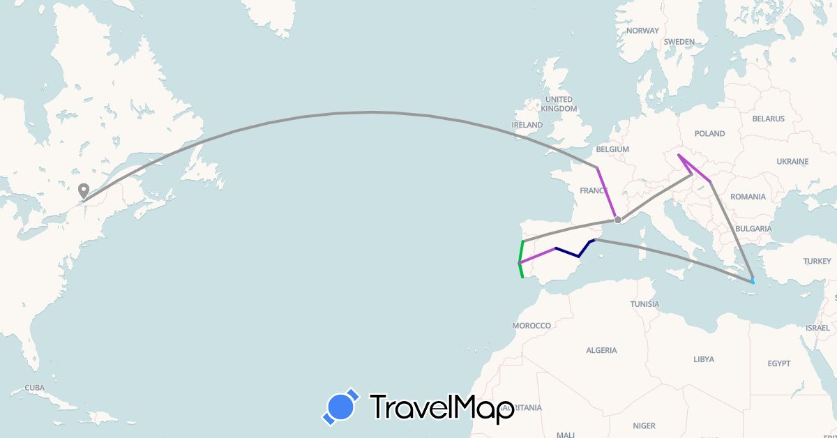 TravelMap itinerary: driving, bus, plane, train, boat in Austria, Canada, Czech Republic, Spain, France, Greece, Hungary, Portugal (Europe, North America)